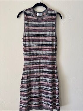 M by Missoni Sleeveless Striped Knit Mini Dress in Pink and Gray